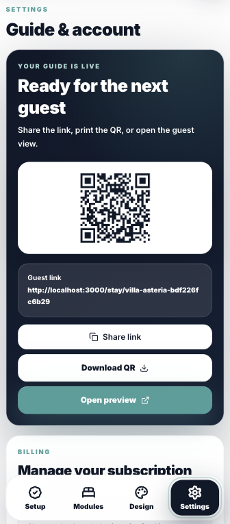 StayNest host app – Share link and QR code